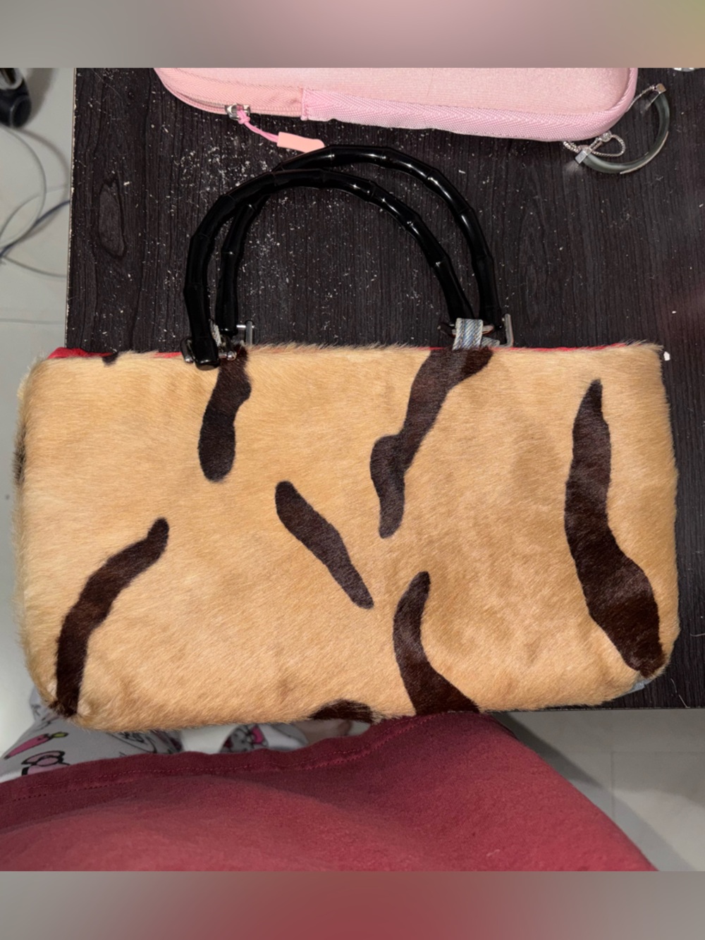 Faux Fur Tiger Print + Denim Handbag - Black Handles